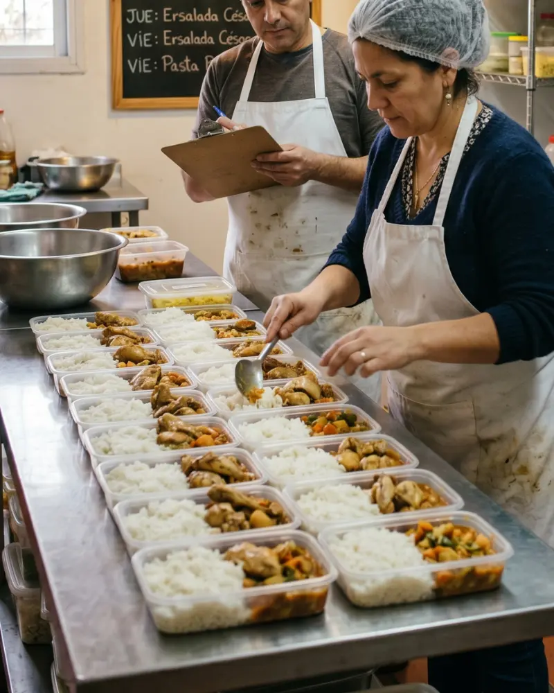 Cocina comercial con 2 personas trabajando